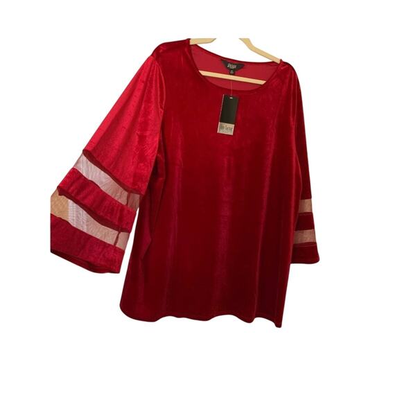 NWT Slim Factor women’s 1X deep crimson velvet top mesh insert 3/4 bell sleeves - Picture 2 of 8